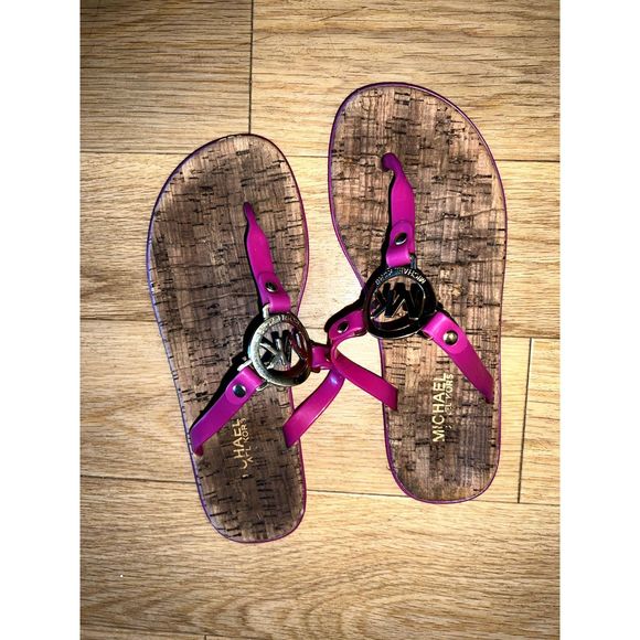 Michael Kors Flip Flops Cork Sole With Pink PVC Strap/MK medallion Size 7 US - Picture 1 of 3